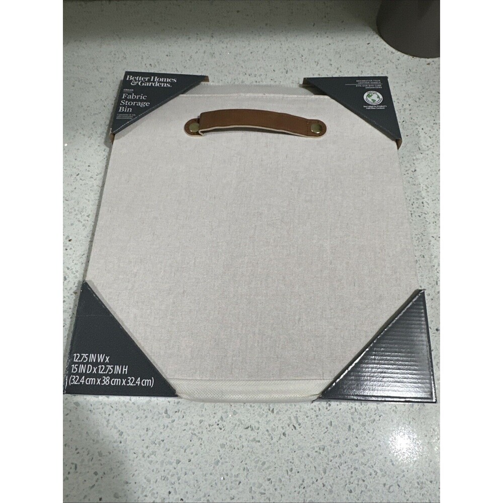 Better Homes & Gardens 12.75" Fabric Storage Bin Cream Faux Leather Handle New